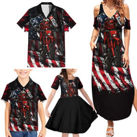 Motocross Rider Family Matching Summer Maxi Dress and Hawaiian Shirt with American Flag Background and Extreme Text in Red and Black Grunge Design - Wonder Print Shop