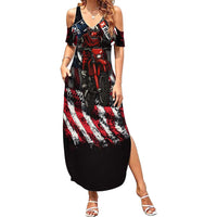 Motocross Rider Family Matching Summer Maxi Dress and Hawaiian Shirt with American Flag Background and Extreme Text in Red and Black Grunge Design - Wonder Print Shop