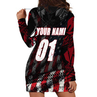 Motocross Rider Hoodie Dress with American Flag Background and Extreme Text in Red and Black Grunge Design - Wonder Print Shop