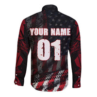 Motocross Rider Long Sleeve Button Shirt with American Flag Background and Extreme Text in Red and Black Grunge Design - Wonder Print Shop