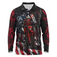 Motocross Rider Long Sleeve Polo Shirt with American Flag Background and Extreme Text in Red and Black Grunge Design - Wonder Print Shop