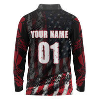 Motocross Rider Long Sleeve Polo Shirt with American Flag Background and Extreme Text in Red and Black Grunge Design - Wonder Print Shop