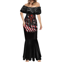 Motocross Rider Mermaid Dress with American Flag Background and Extreme Text in Red and Black Grunge Design - Wonder Print Shop