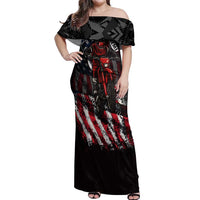 Motocross Rider Off Shoulder Maxi Dress with American Flag Background and Extreme Text in Red and Black Grunge Design - Wonder Print Shop