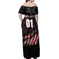 Motocross Rider Off Shoulder Maxi Dress with American Flag Background and Extreme Text in Red and Black Grunge Design - Wonder Print Shop