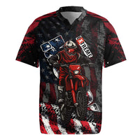 Motocross Rider Rugby Jersey with American Flag Background and Extreme Text in Red and Black Grunge Design - Wonder Print Shop
