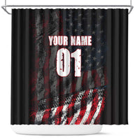 Motocross Rider Shower Curtain with American Flag Background and Extreme Text in Red and Black Grunge Design - Wonder Print Shop