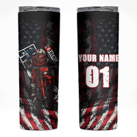 Motocross Rider Skinny Tumbler with American Flag Background and Extreme Text in Red and Black Grunge Design - Wonder Print Shop