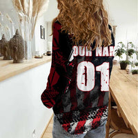 Motocross Rider Women Casual Shirt with American Flag Background and Extreme Text in Red and Black Grunge Design - Wonder Print Shop