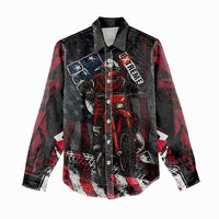 Motocross Rider Women Casual Shirt with American Flag Background and Extreme Text in Red and Black Grunge Design - Wonder Print Shop