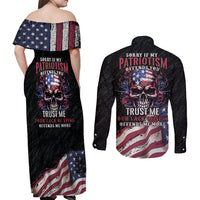 American Flag Skull Couples Matching Off Shoulder Maxi Dress and Long Sleeve Button Shirts Sorry If My Patriotism Offends You Trust Me - Wonder Print Shop