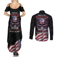 American Flag Skull Couples Matching Summer Maxi Dress and Long Sleeve Button Shirts Sorry If My Patriotism Offends You Trust Me - Wonder Print Shop