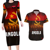 Angola Couples Matching Long Sleeve Bodycon Dress and Hawaiian Shirt with Red Black Yellow Grunge Design - Wonder Print Shop