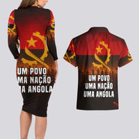 Angola Couples Matching Long Sleeve Bodycon Dress and Hawaiian Shirt with Red Black Yellow Grunge Design - Wonder Print Shop