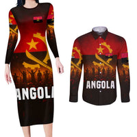 Angola Couples Matching Long Sleeve Bodycon Dress and Long Sleeve Button Shirt with Red Black Yellow Grunge Design - Wonder Print Shop