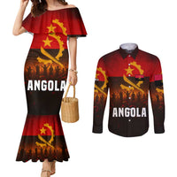 Angola Couples Matching Mermaid Dress and Long Sleeve Button Shirt with Red Black Yellow Grunge Design - Wonder Print Shop