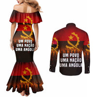 Angola Couples Matching Mermaid Dress and Long Sleeve Button Shirt with Red Black Yellow Grunge Design - Wonder Print Shop