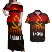 Angola Couples Matching Off Shoulder Maxi Dress and Hawaiian Shirt with Red Black Yellow Grunge Design - Wonder Print Shop