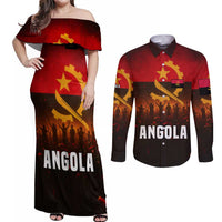Angola Couples Matching Off Shoulder Maxi Dress and Long Sleeve Button Shirt with Red Black Yellow Grunge Design - Wonder Print Shop