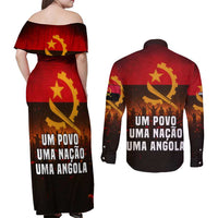 Angola Couples Matching Off Shoulder Maxi Dress and Long Sleeve Button Shirt with Red Black Yellow Grunge Design - Wonder Print Shop