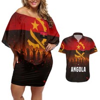 Angola Couples Matching Off Shoulder Short Dress and Hawaiian Shirt with Red Black Yellow Grunge Design - Wonder Print Shop