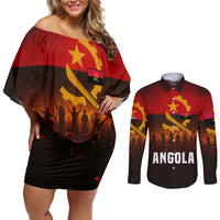 Angola Couples Matching Off Shoulder Short Dress and Long Sleeve Button Shirt with Red Black Yellow Grunge Design - Wonder Print Shop