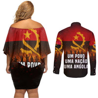 Angola Couples Matching Off Shoulder Short Dress and Long Sleeve Button Shirt with Red Black Yellow Grunge Design - Wonder Print Shop