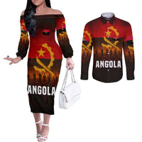 Angola Couples Matching Off The Shoulder Long Sleeve Dress and Long Sleeve Button Shirt with Red Black Yellow Grunge Design - Wonder Print Shop
