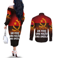 Angola Couples Matching Off The Shoulder Long Sleeve Dress and Long Sleeve Button Shirt with Red Black Yellow Grunge Design - Wonder Print Shop