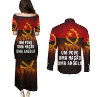 Angola Couples Matching Puletasi and Long Sleeve Button Shirt with Red Black Yellow Grunge Design - Wonder Print Shop