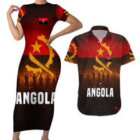 Angola Couples Matching Short Sleeve Bodycon Dress and Hawaiian Shirt with Red Black Yellow Grunge Design - Wonder Print Shop