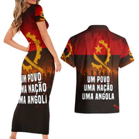 Angola Couples Matching Short Sleeve Bodycon Dress and Hawaiian Shirt with Red Black Yellow Grunge Design - Wonder Print Shop