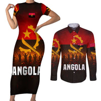 Angola Couples Matching Short Sleeve Bodycon Dress and Long Sleeve Button Shirt with Red Black Yellow Grunge Design - Wonder Print Shop