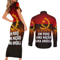 Angola Couples Matching Short Sleeve Bodycon Dress and Long Sleeve Button Shirt with Red Black Yellow Grunge Design - Wonder Print Shop