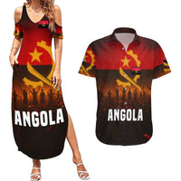 Angola Couples Matching Summer Maxi Dress and Hawaiian Shirt with Red Black Yellow Grunge Design - Wonder Print Shop