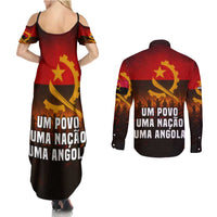 Angola Couples Matching Summer Maxi Dress and Long Sleeve Button Shirt with Red Black Yellow Grunge Design - Wonder Print Shop