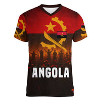 Angola Women V-Neck T-Shirt with Red Black Yellow Grunge Design - Wonder Print Shop