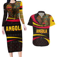 Angola Couples Matching Long Sleeve Bodycon Dress and Hawaiian Shirt with Red Black Yellow Tribal Design and Elephant - Wonder Print Shop