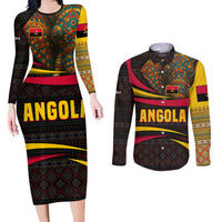Angola Couples Matching Long Sleeve Bodycon Dress and Long Sleeve Button Shirt with Red Black Yellow Tribal Design and Elephant - Wonder Print Shop