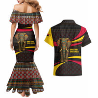 Angola Couples Matching Mermaid Dress and Hawaiian Shirt with Red Black Yellow Tribal Design and Elephant - Wonder Print Shop