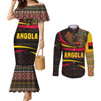 Angola Couples Matching Mermaid Dress and Long Sleeve Button Shirt with Red Black Yellow Tribal Design and Elephant - Wonder Print Shop