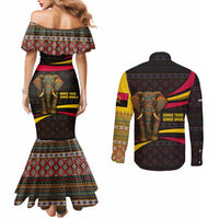 Angola Couples Matching Mermaid Dress and Long Sleeve Button Shirt with Red Black Yellow Tribal Design and Elephant - Wonder Print Shop