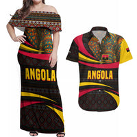 Angola Couples Matching Off Shoulder Maxi Dress and Hawaiian Shirt with Red Black Yellow Tribal Design and Elephant - Wonder Print Shop