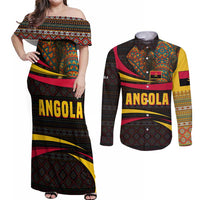Angola Couples Matching Off Shoulder Maxi Dress and Long Sleeve Button Shirt with Red Black Yellow Tribal Design and Elephant - Wonder Print Shop
