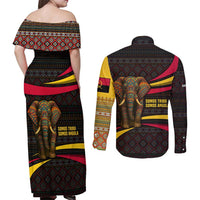 Angola Couples Matching Off Shoulder Maxi Dress and Long Sleeve Button Shirt with Red Black Yellow Tribal Design and Elephant - Wonder Print Shop