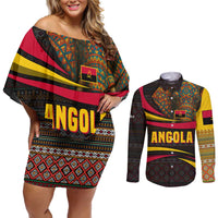 Angola Couples Matching Off Shoulder Short Dress and Long Sleeve Button Shirt with Red Black Yellow Tribal Design and Elephant - Wonder Print Shop