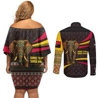 Angola Couples Matching Off Shoulder Short Dress and Long Sleeve Button Shirt with Red Black Yellow Tribal Design and Elephant - Wonder Print Shop