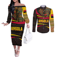 Angola Couples Matching Off The Shoulder Long Sleeve Dress and Long Sleeve Button Shirt with Red Black Yellow Tribal Design and Elephant - Wonder Print Shop