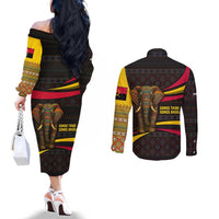 Angola Couples Matching Off The Shoulder Long Sleeve Dress and Long Sleeve Button Shirt with Red Black Yellow Tribal Design and Elephant - Wonder Print Shop