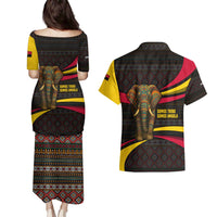 Angola Couples Matching Puletasi and Hawaiian Shirt with Red Black Yellow Tribal Design and Elephant - Wonder Print Shop